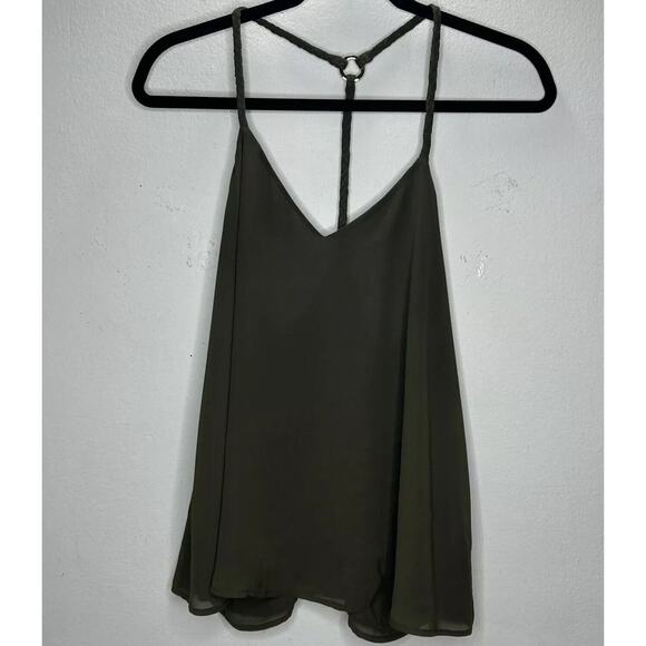 Marciano Olive Green V-Neck Braided Racer Back Straps Flowy Semi Sheer Blouse SM - Picture 4 of 10